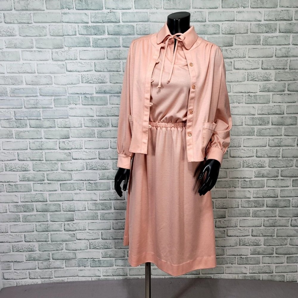 Vintage 70s Butte Knit S/M Peach Pink Day Dress &‎ Jacket Polyester Outfit Set - Picture 9 of 14